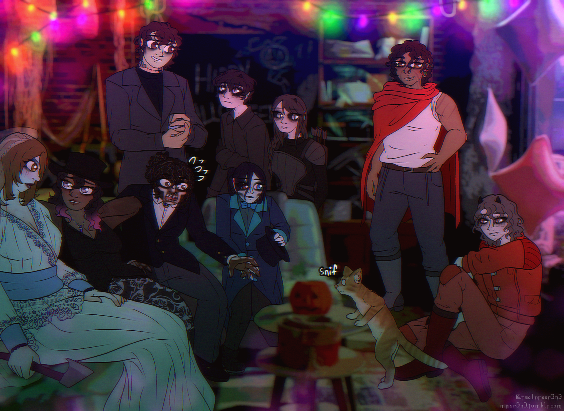 from left to right, leah, cassandra, jessie, sam, toby, madeline, delilah, isaac, and joshua art at a halloween party. leah, cassandra, jessie, and madeline are sitting on a couch, while sam, toby, and delilah stand behind them, isaac stands off to the side, and joshua sits on the floor. jessie looks distressed because her cat sunny is nosing at a jack o lantern on the table, while madeline, delilah, and joshua look amused. leah's costume is constance hatchaway from the haunted mansion, cassandra is dressed as stevie nicks, jessie has skeleton face paint and is wearing a suit, sam is dressed as 1931 frankenstein, toby is other wybie, madeline is dressed as ezra from the haunted mansion, delilah dressed as katniss everdeen, isaac is dressed as tetsuo shima, and joshua is dressed as shotaro kaneda